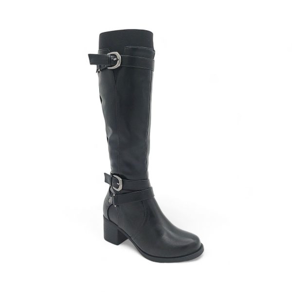 Women's Round Toe Block Heel Knee High Boots with Buckle Decor - PSL3070