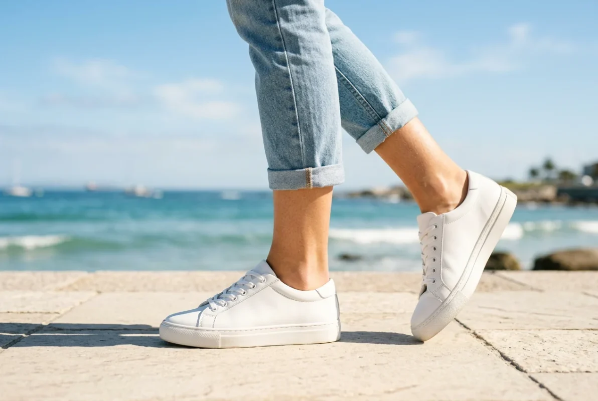 Woman walking along a sunny seaside promenade in white lace-up sneakers